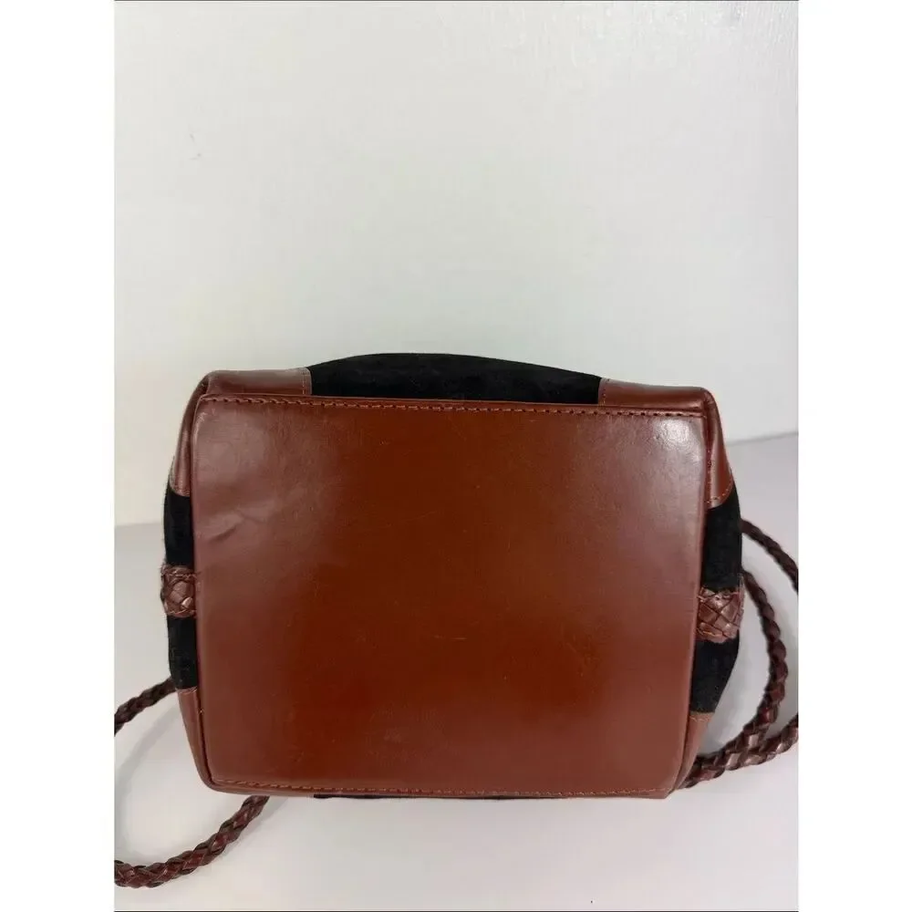 LJS Collection Black Suede Brown Leather Braided Shoulder Bag Vintage